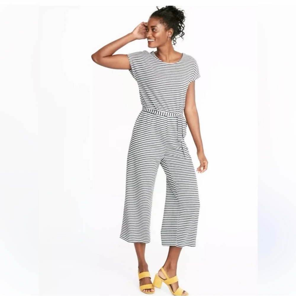 Old Navy Knit Dolman Navy Stripe Jumpsuit Small Belt Cropped